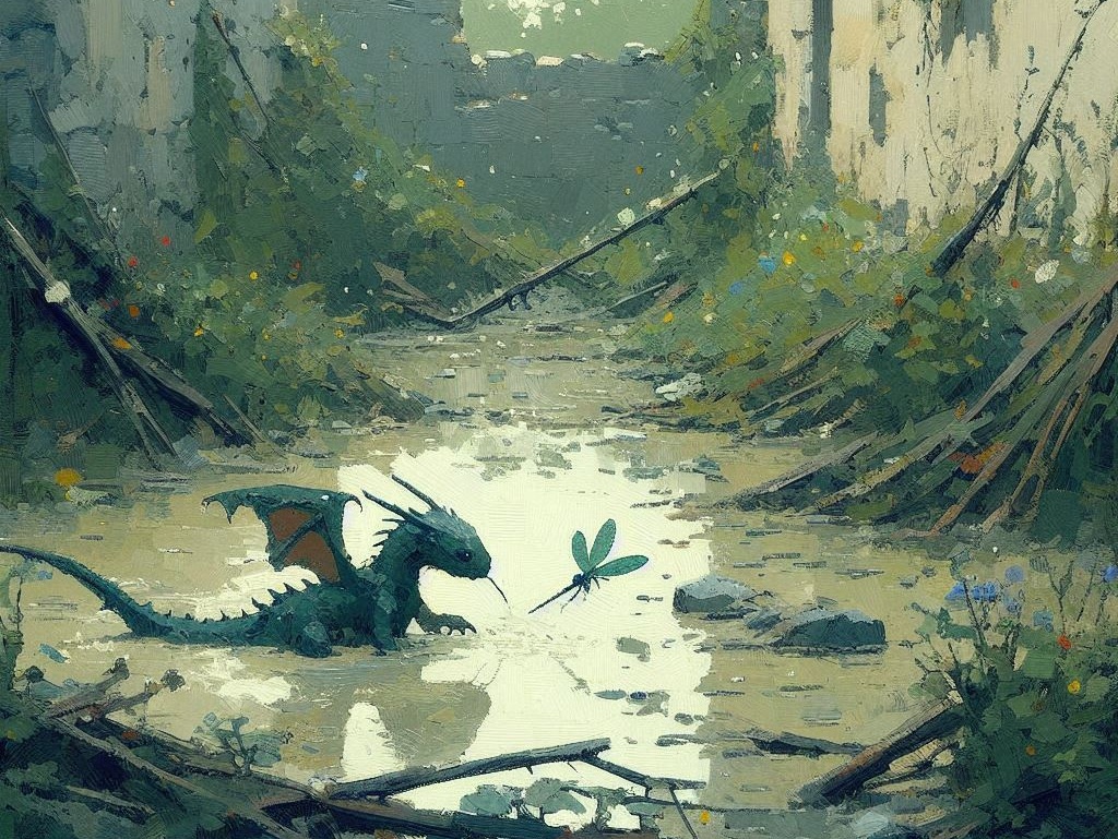 A swamp dragon playing in the ruins of a settlement